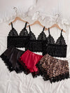 3-Piece Lace Lingerie Set – Contrast Lace, Solid & Leopard Print